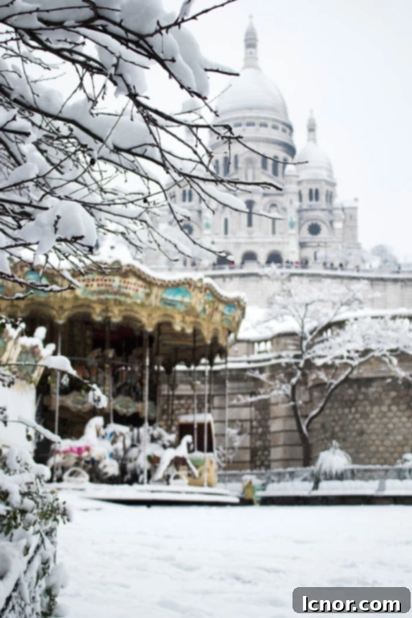 The snow-covered Sacre Coeur Basilica and the Montmartre carousel in Paris, evoking a romantic winter scene.