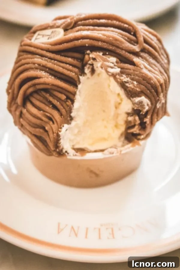 Close-up of a delectable Mont Blanc pastry from Angelina, Paris, with its signature chestnut cream swirls.