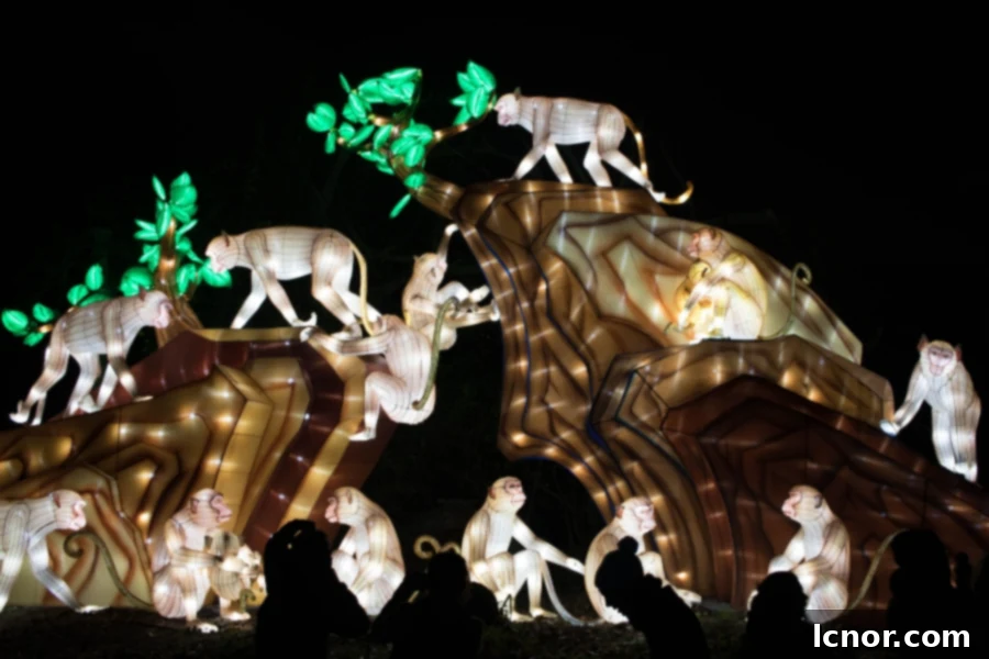 Large, illuminated monkey sculptures as part of a light show in the Jardin des Plantes in Paris, creating a festive scene.