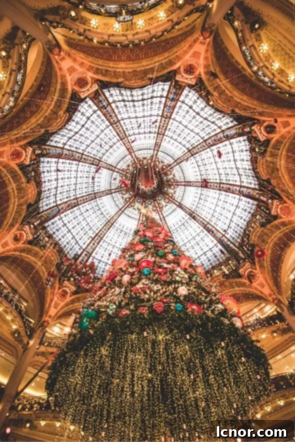 The magnificent Christmas tree inside Galeries Lafayette, a highlight of free things to do in Paris in winter.