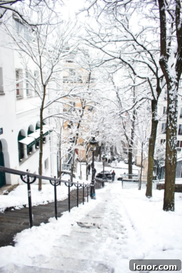 Montmartre covered in snow, showcasing a beautiful free activity in Paris during winter.