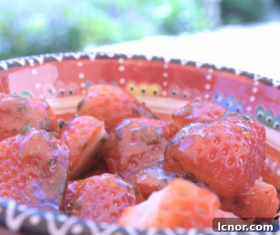 A bowl of fresh summer strawberries with olive oil, basil, and honey glaze, ready to be served. A healthy and gourmet dessert option.