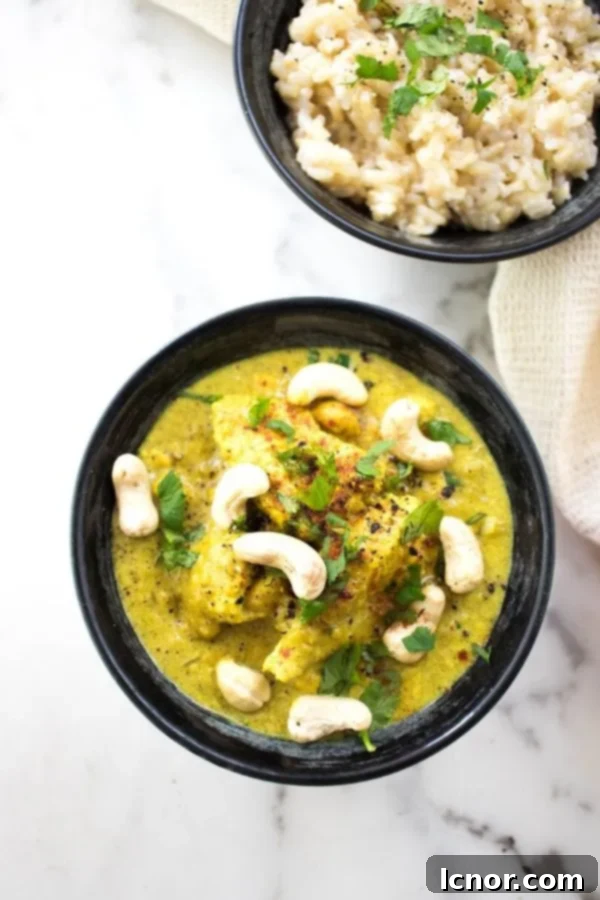 Creamy Indian Chicken Korma 3 Close-up of creamy Chicken Korma in a black bowl, garnished with fresh cilantro, ready to be served.