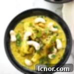 Creamy Indian Chicken Korma 4 A black bowl of creamy Chicken Korma topped with whole cashew nuts and fresh cilantro.