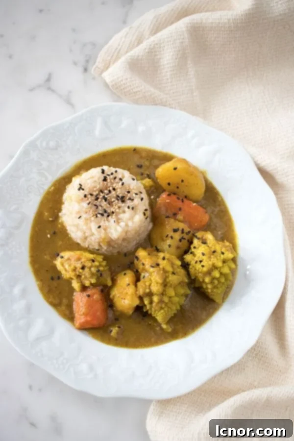 Delicious Plant Based Japanese Curry 2 Vegetarian Japanese Curry on a white plate with white rice