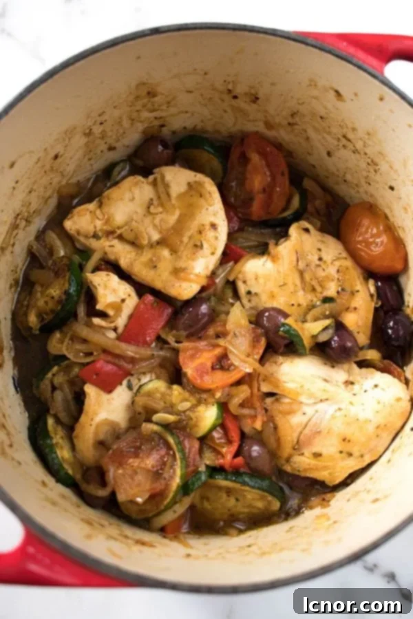 An overhead view of a cast iron pan filled with golden-brown Provencal Chicken and brightly colored vegetables.