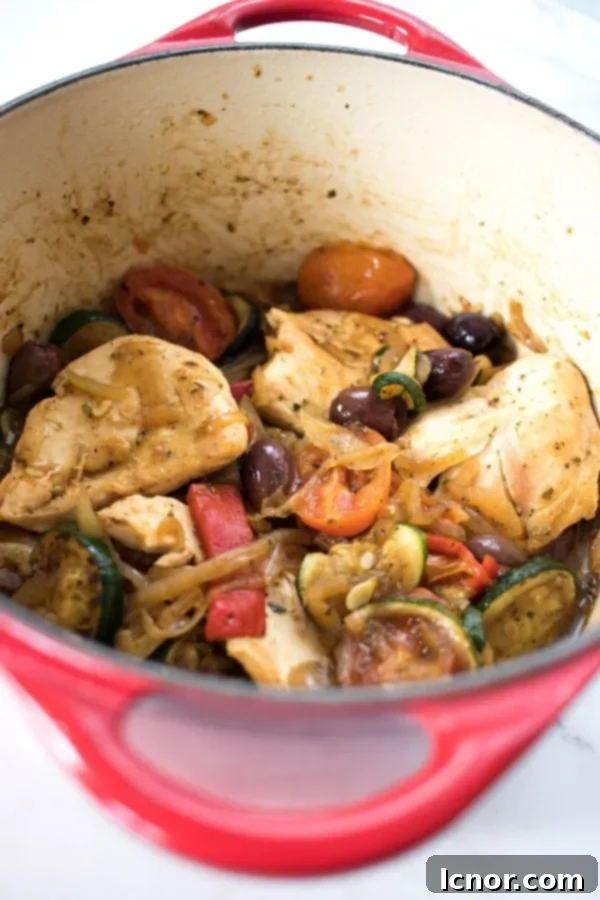 A peek inside a red Le Creuset cast iron pan filled with Chicken Provencal, showing the rich texture and variety of ingredients.