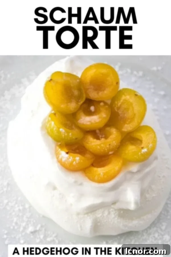 Pinterest graphic featuring a beautiful Schaum Torte with Mirabelle plums and whipped cream, overlaid with text encouraging users to pin the recipe.