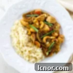 Siam Cashew Chicken Stir-Fry 5 thai chicken with cashews and white rice on a white plate