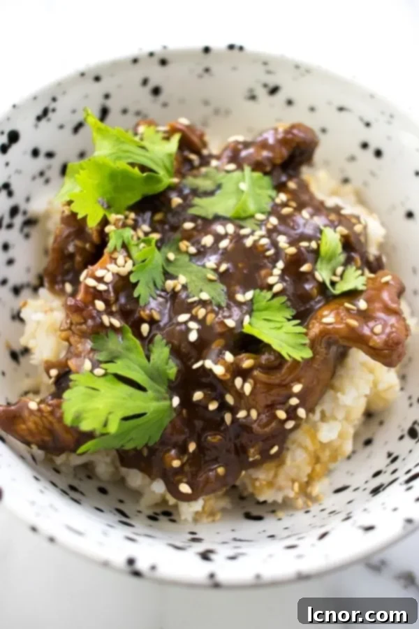 Cantonese Chicken with thick brown sauce, topped with fresh green cilantro in a white and black bowl.