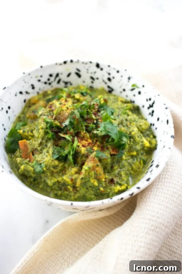 A beautifully plated bowl of homemade Chicken Saag, also known as Palak Chicken, garnished with fresh cilantro, ready to be served with rice.
