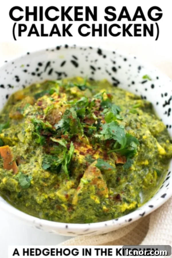 Vertical image for Pinterest featuring a bowl of Chicken Saag (Palak Chicken) with ingredients, encouraging users to save the recipe.