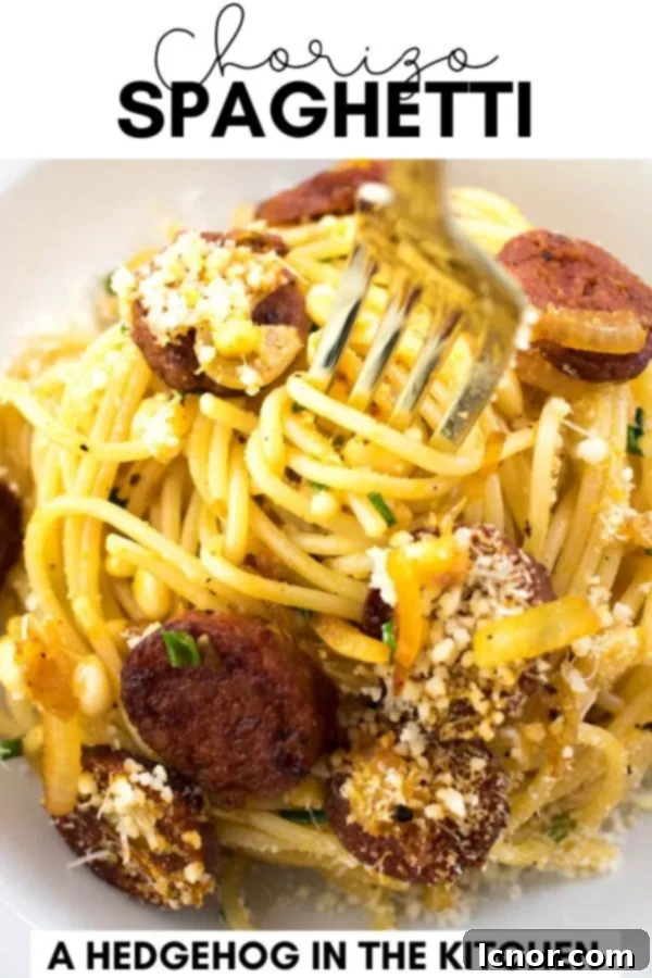 A stunning overhead shot of Chorizo Spaghetti in a bowl, perfect for pinning on Pinterest to save for later.