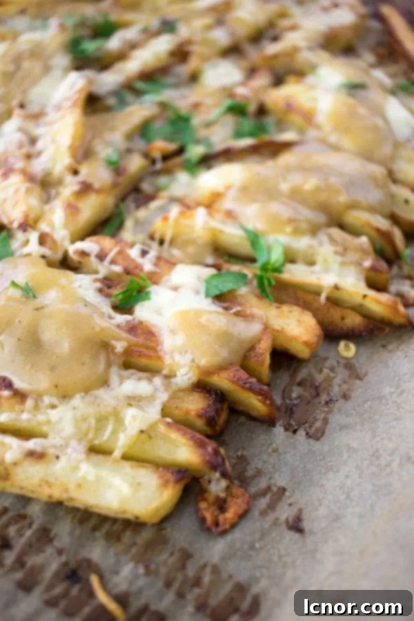 Close-up of golden brown homemade Disco Fries, drenched in a rich, savory gravy, generously covered with melted mozzarella and garnished with fresh parsley.