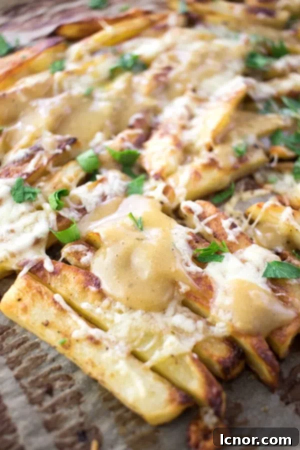 A close-up view of the rich, melted cheese and savory gravy coating crispy oven baked Disco Fries, garnished with fresh parsley.