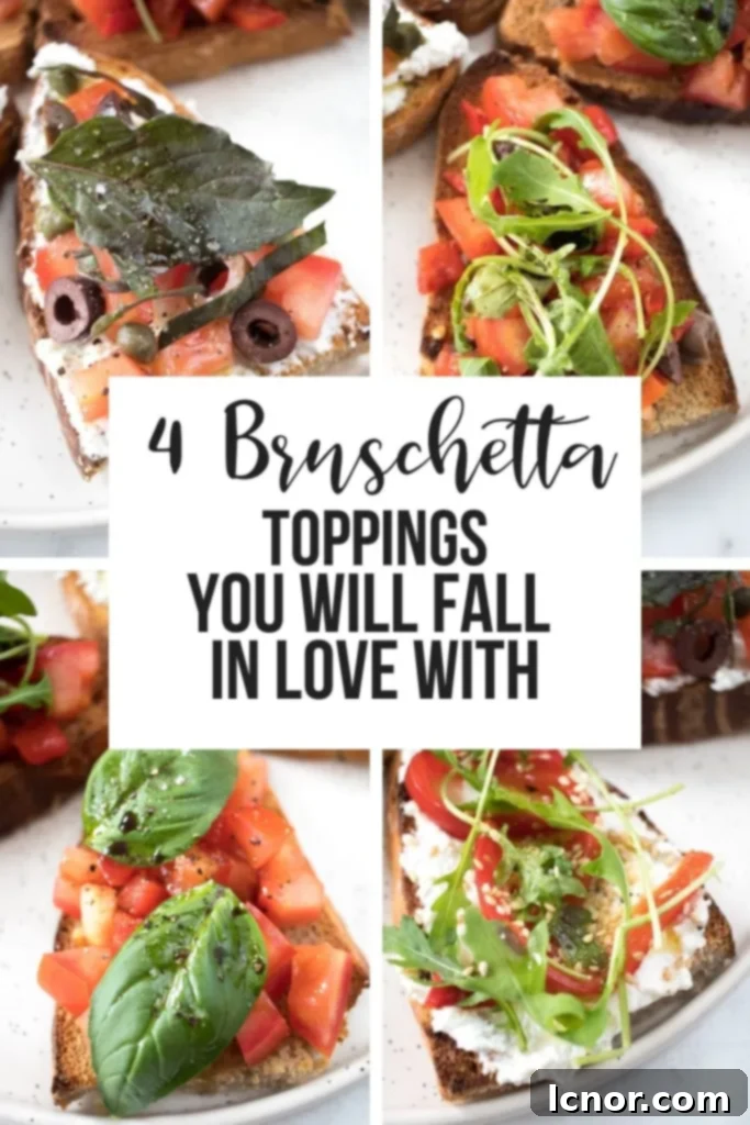 Pinterest Pin: A delicious variety of bruschette with different toppings, encouraging users to save the recipe for later.