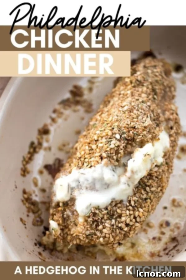 Philadelphia Chicken Dinner - Pin for later image with a view of the creamy stuffed chicken breast