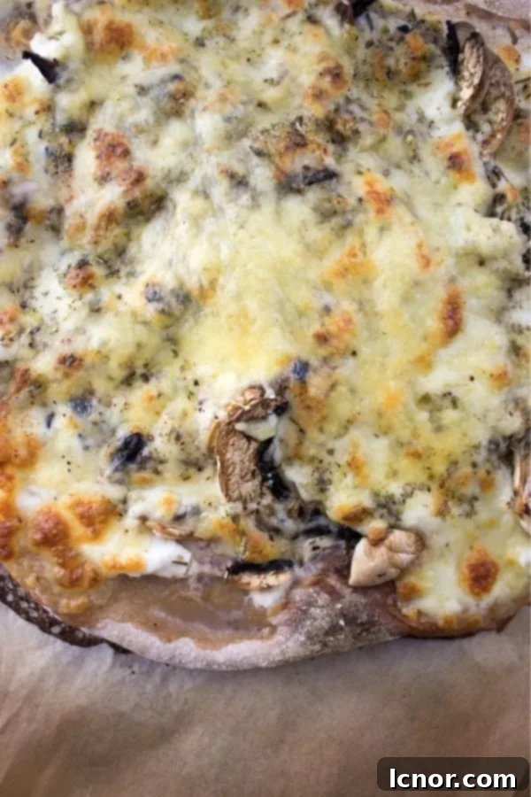 mushrooms, cheese and sourdough pizza crust