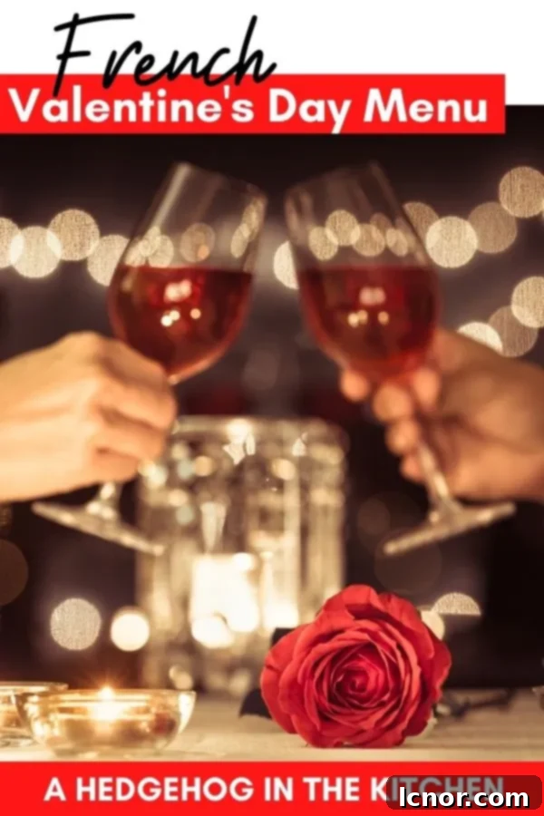 A beautifully set French Valentine's Day dinner table with wine, flowers, and elegant dishes, setting a romantic mood.