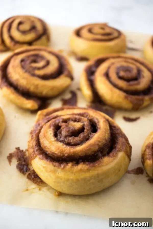 Close-up of baked Kanelsnegle Danish cinnamon rolls, showing their moist interior and spiced swirls
