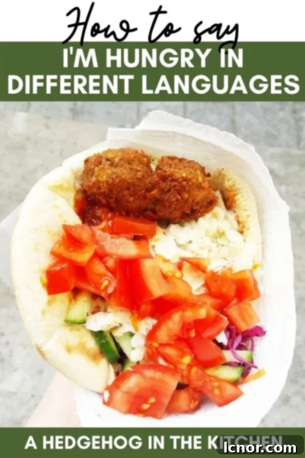 Pinterest Pin: How to Say I'm Hungry in Different Languages - Featuring phrases in Spanish, French, Italian, German, and many more, on a vibrant food travel background.