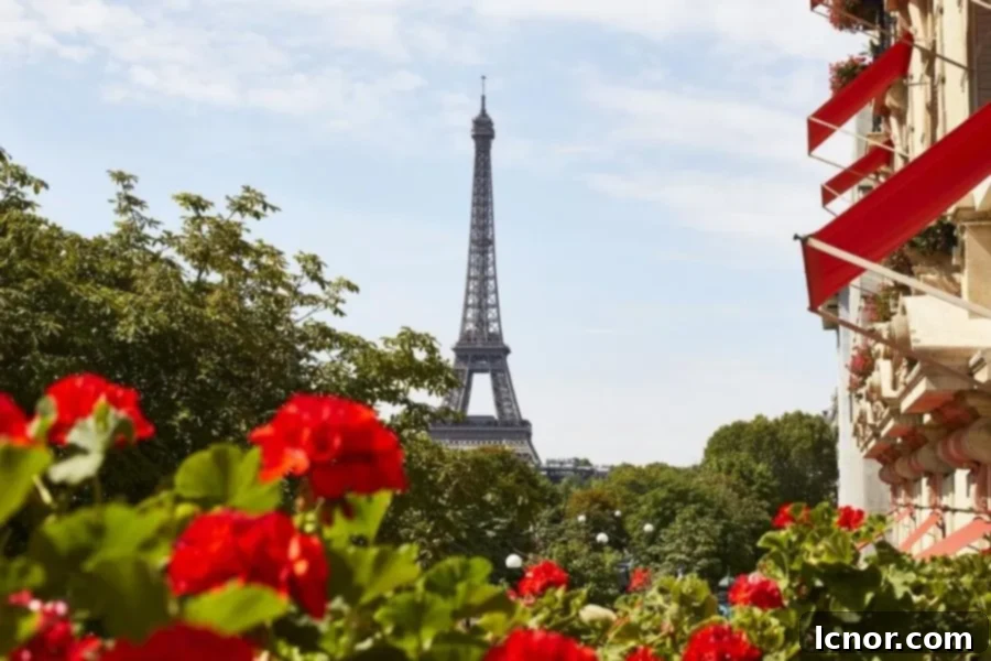 view of the Eiffel Tower from the Plaza Athenée
