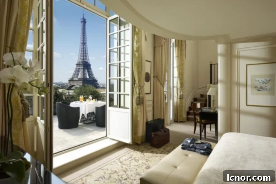 beautiful Eiffel Tower view from the Shangri-La Hotel in Paris