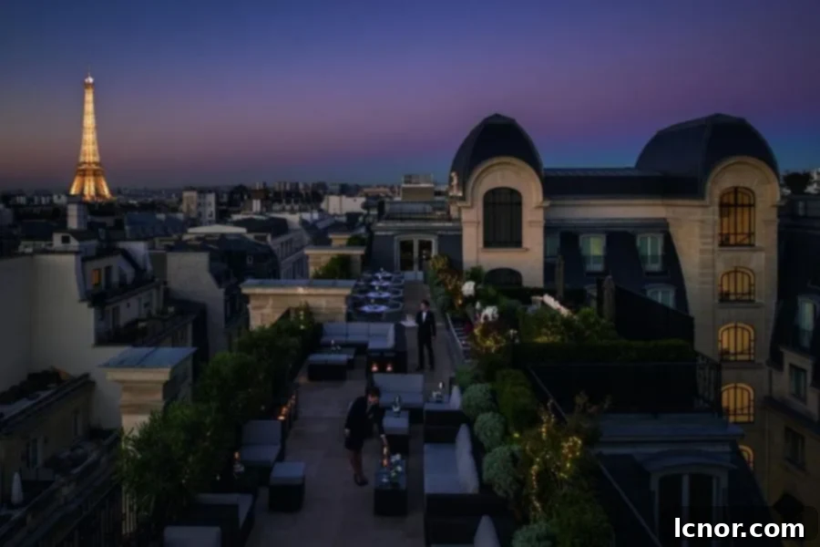 Evening view of the Eiffel Tower from the Peninsula Hotel in Paris