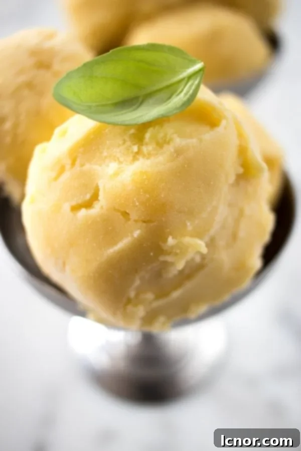Close up of a single scoop of creamy Filipino Mango Ice Cream, showcasing its smooth texture and rich color.