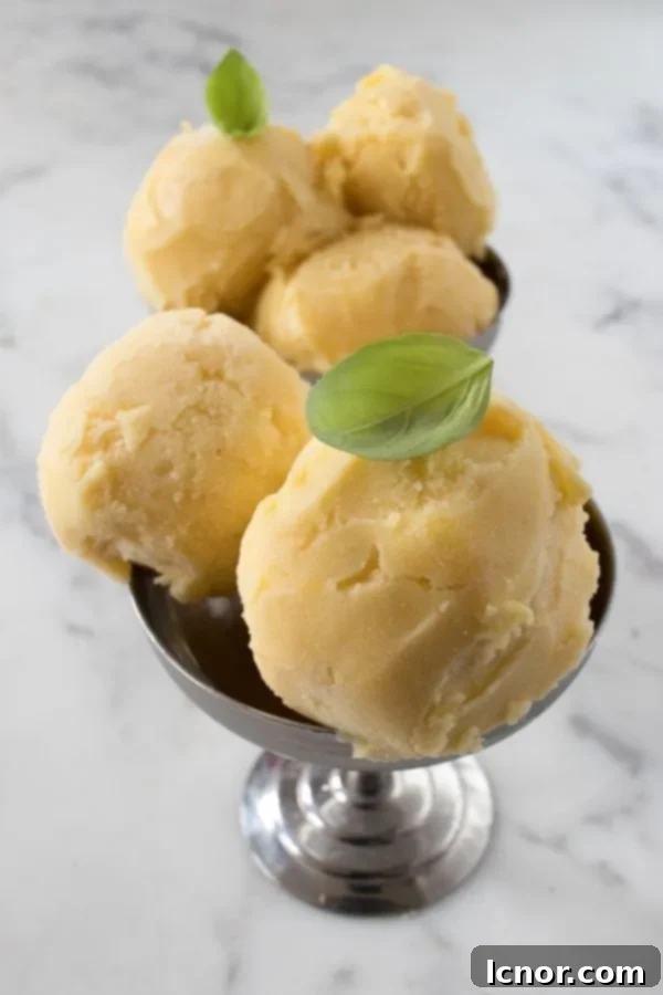 Two scoops of Filipino Mango Ice Cream in elegant silver vintage ice cream bowls, ready to be served.