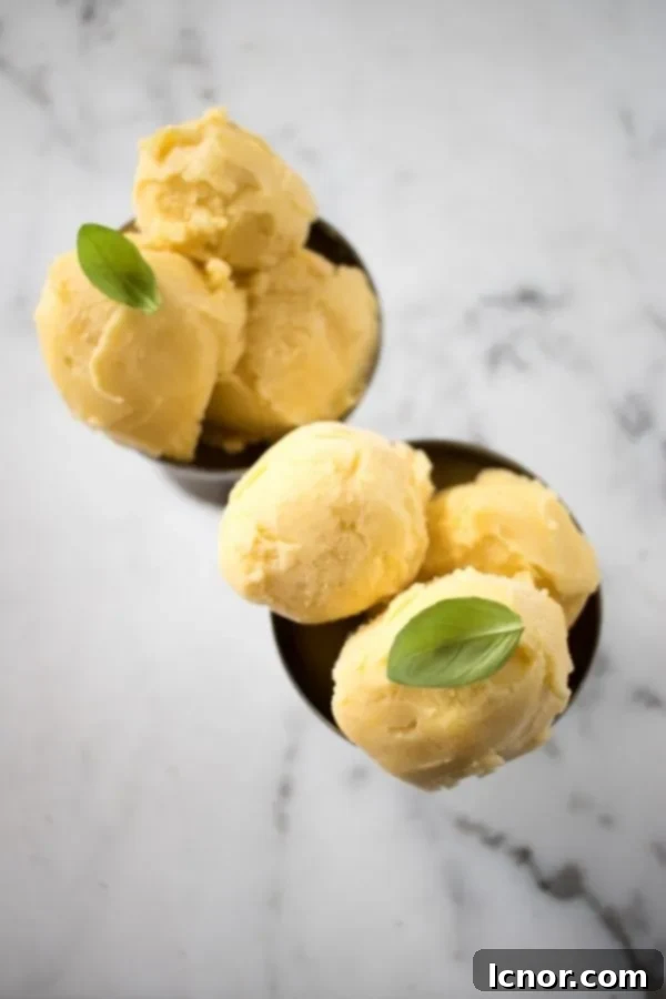Two elegant bowls of Filipino Mango Ice Cream, garnished with fresh mint leaves for a refreshing touch.