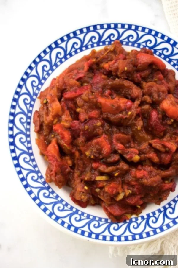 Hmiss (Algerian red pepper dip) close up on a blue and white plate