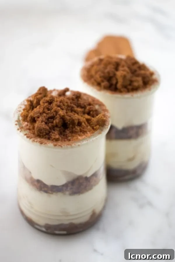 Speculoos tiramisu (Biscoff Tiramisu) in small individual jars, beautifully layered.