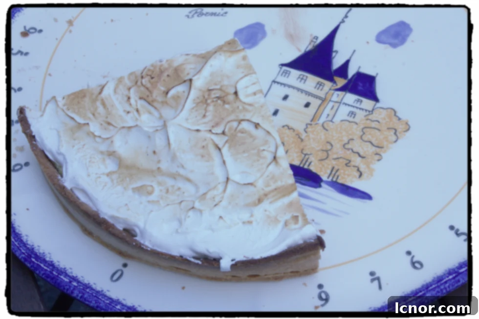 Lemon cream and chocolate ganache tart with toasted Italian meringue, garnished with fresh lemon zest.