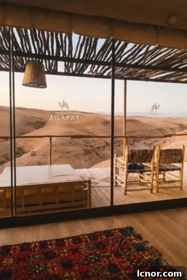 view from inside the tent at the Agafay Luxury Camp over the white dunes of the Agafay Desert, Morocco