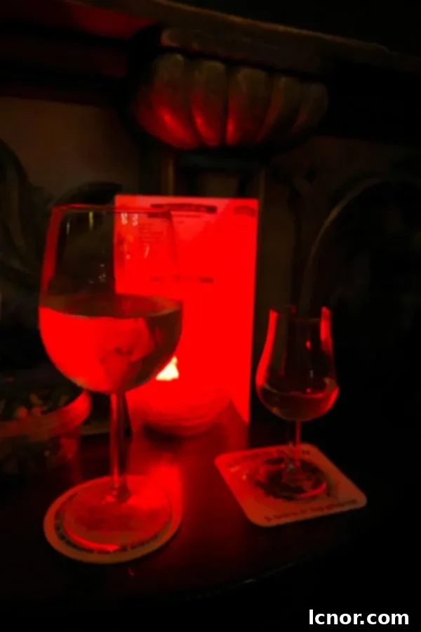 A glass of white wine on a wooden bar counter at In't Aepjen, with the rustic interior of the bar in the background.