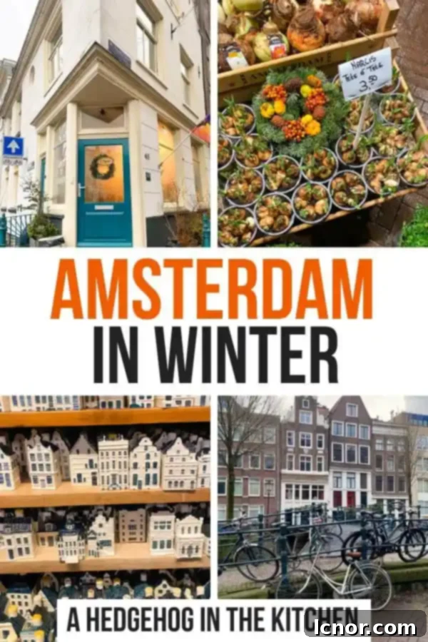 Scenic view of a snow-dusted Amsterdam canal house and bridge in winter, perfect for travel inspiration