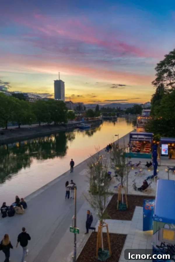 Sunset on the Danube Canal, romantic things to do in Vienna, Austria, couple walking