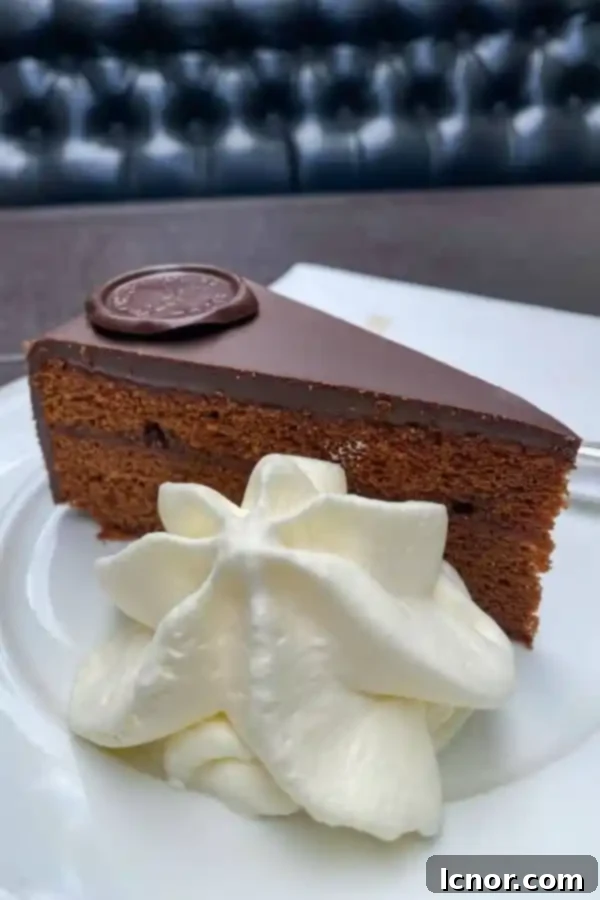 slice of Sacher Torte from the Sacher Hotel Vienna with whipped cream on the side