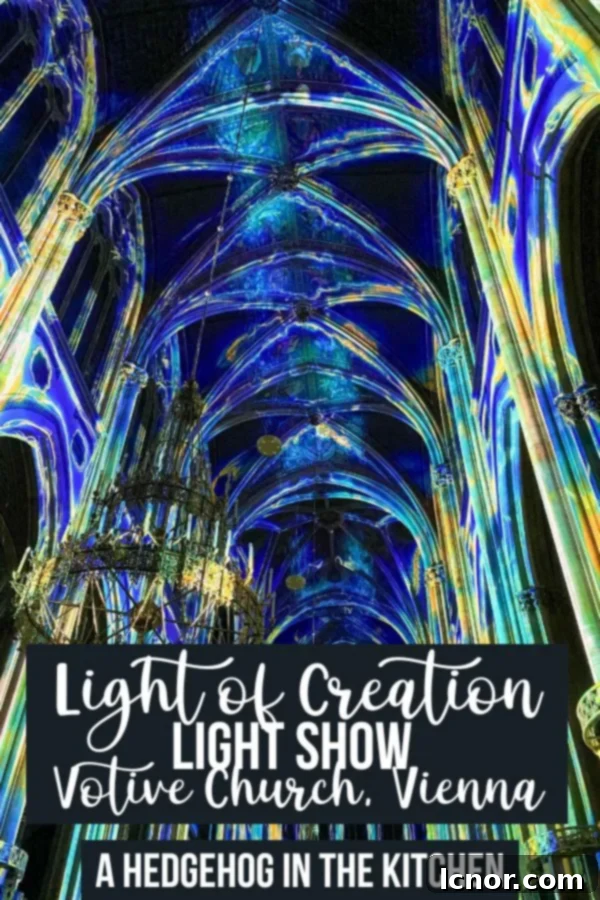 Pin image: Colorful Light of Creation projections inside Vienna's Votivkirche