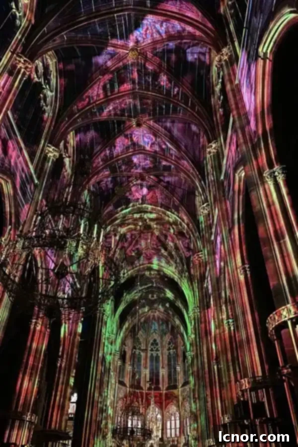 Light of Creation Vienna Review - purple and green lights inside the Votivkirche Vienna Austria