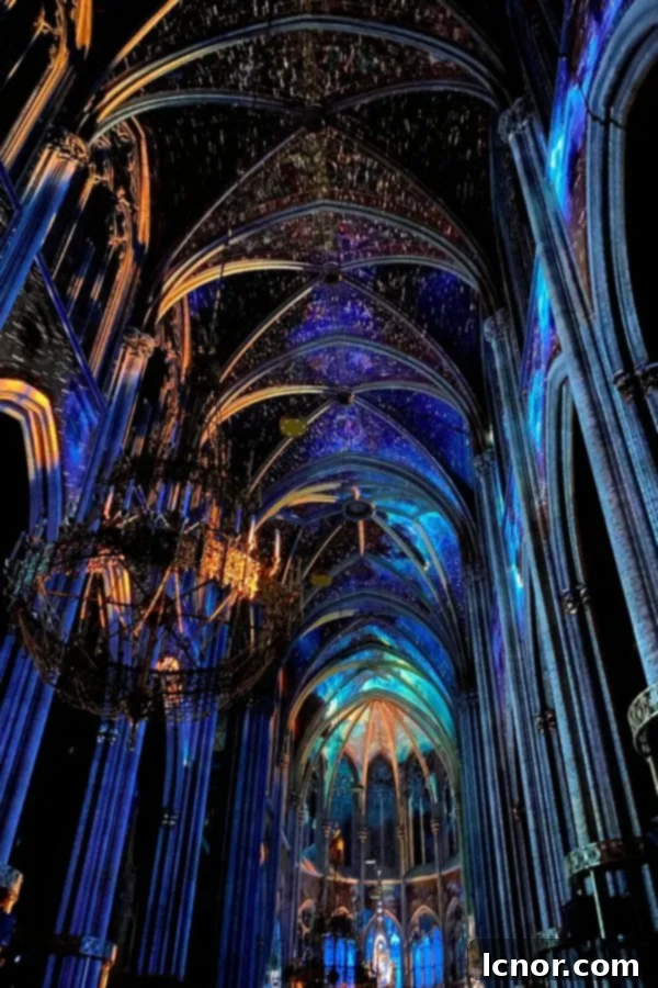 blue gold and aqua lights inside the Votive Church in Vienna Austria