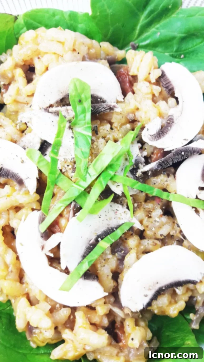 Two plates of Chorizo and Mushroom Risotto garnished with fresh herbs on a wooden table.