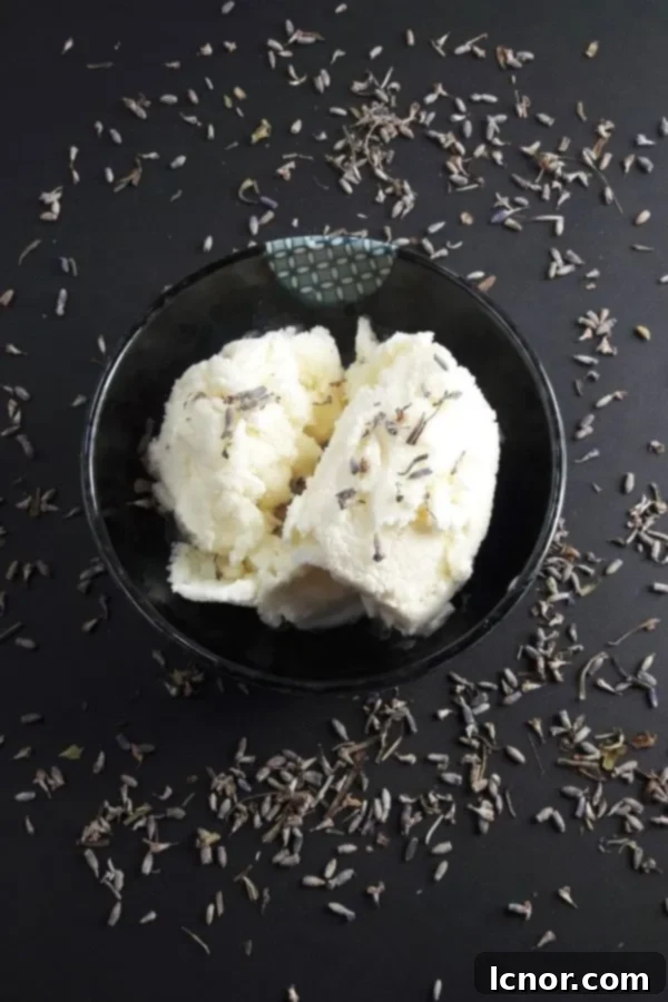 lavender honey ice cream topped with dried lavender with a black background