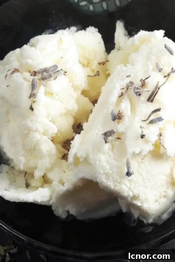 close up of ice cream topped with dried lavender