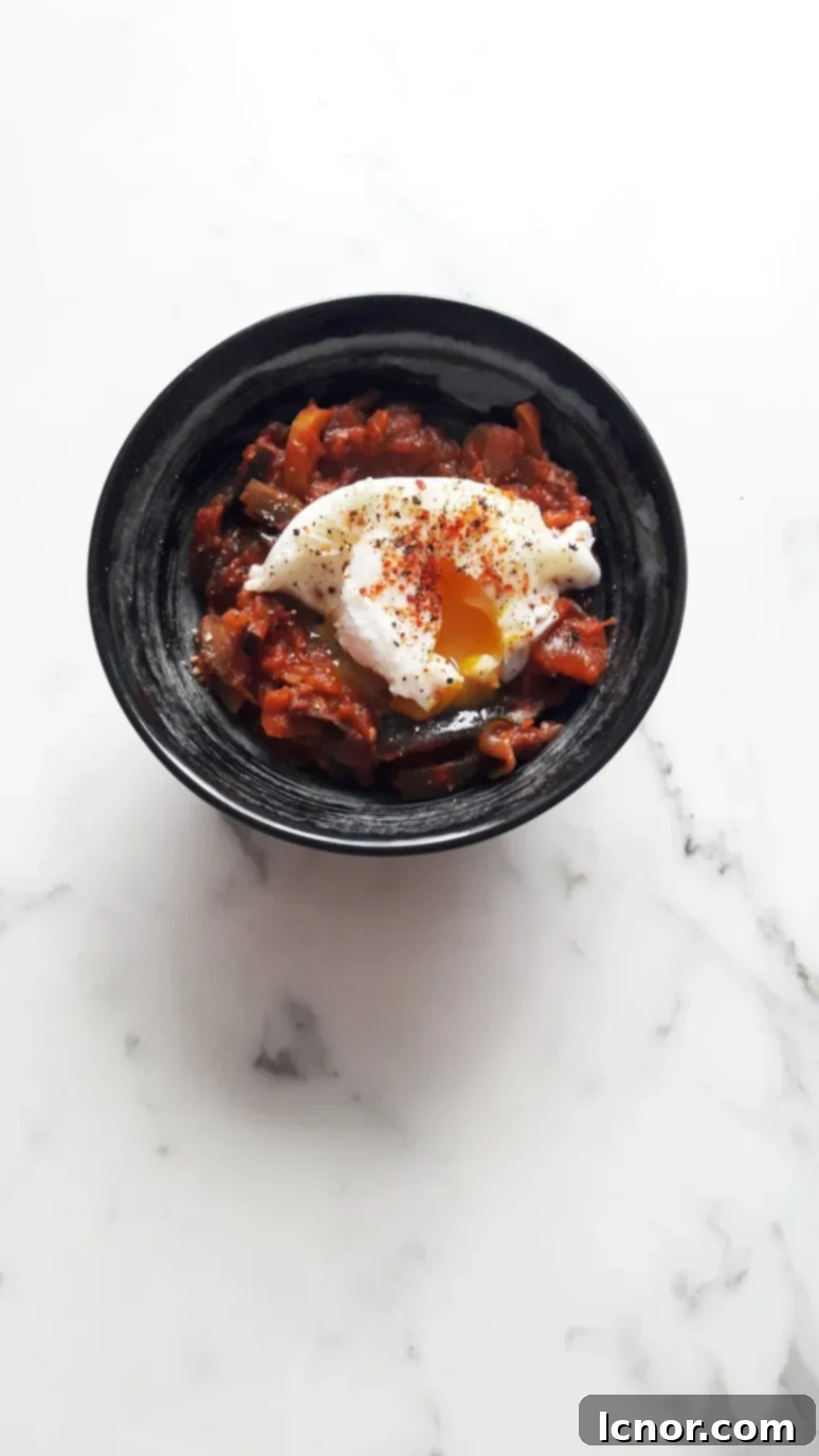 French ratatouille recipe in a bowl topped with a poached egg