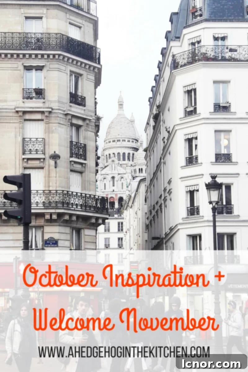 October inspiration: The Sacre Coeur Basilica towering over the colorful autumn streets of Paris, evoking the essence of French travel and inspiration. A Hedgehog in the Kitchen.
