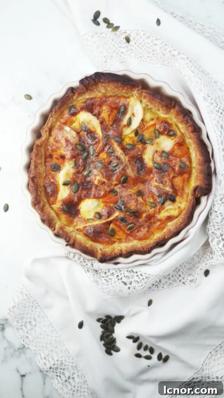 Pumpkin goat cheese quiche recipe. The perfect weeknight dinner. Fast and tasty! | ahedgehoginthekitchen.com.