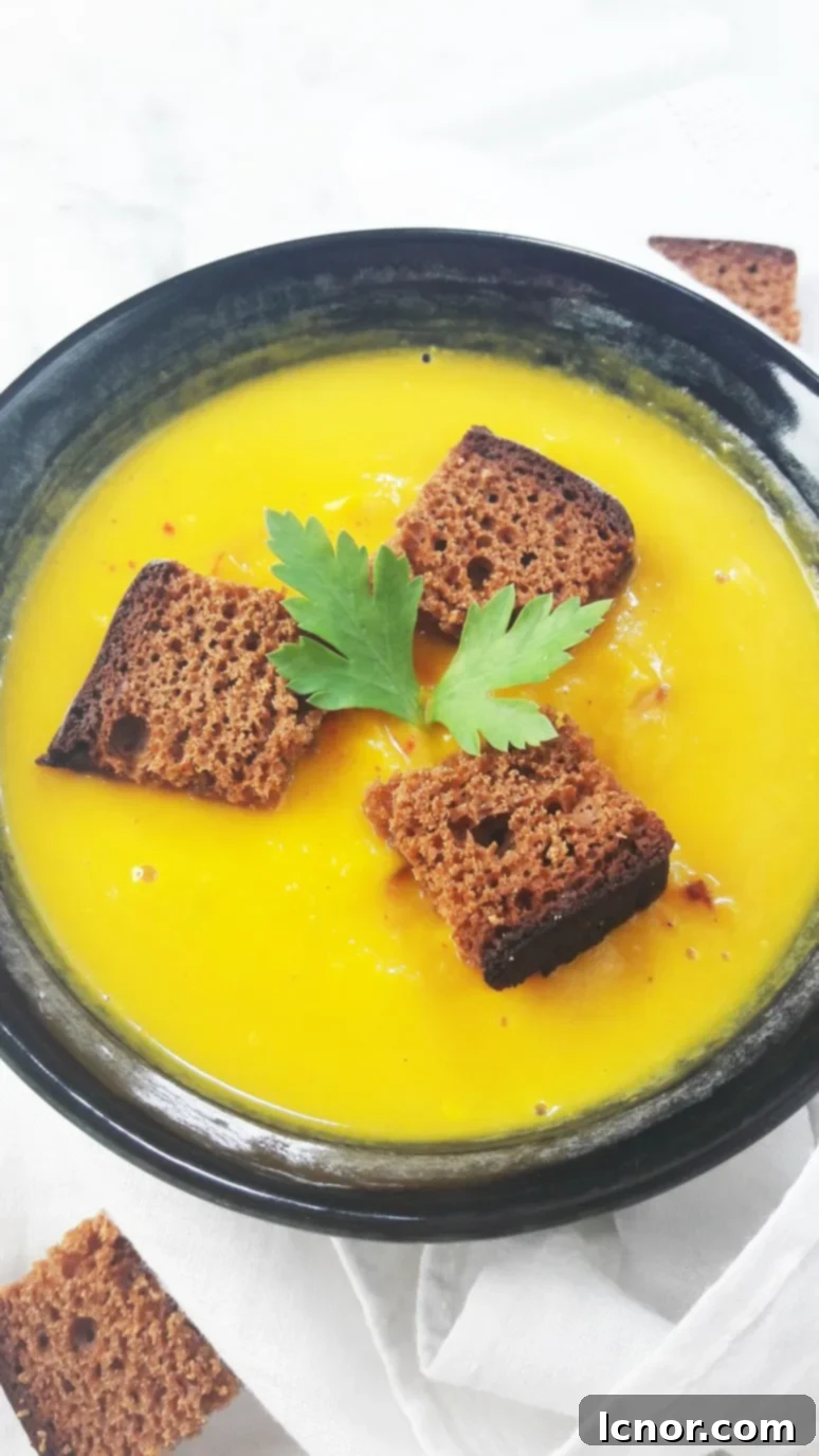 A large bowl of pumpkin soup, generously topped with gingerbread croutons, creating an inviting holiday meal. | ahedgehoginthekitchen.com