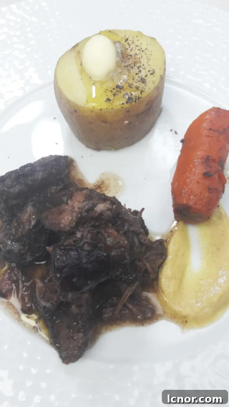 Two bowls of Classic French Boeuf Bourguignon, garnished and ready to be enjoyed.